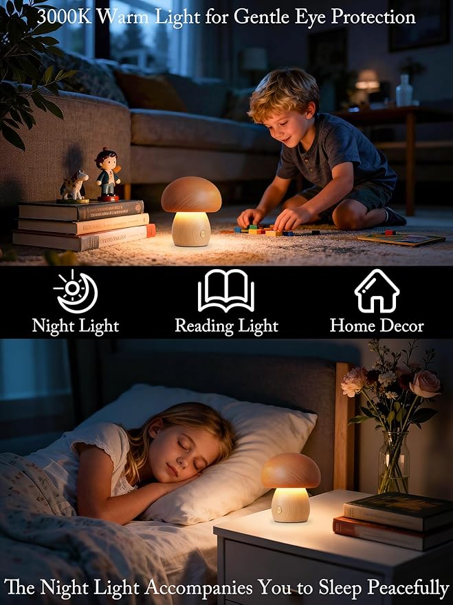 WLHONG Small Wood Table Lamp - 3000K Dimmable LED Nightstand Lamps for Bedroom,Mini Portable Desk Lamps for Home Dorm Office Creative Lighting Housewarming Gifts Night Light (Mushroom)