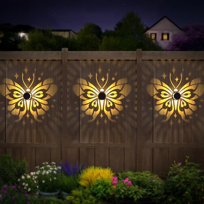 Hapjoy Solar Fence Lights 2 Pack Outdoor Deck Step Wall Lights Metal Waterproof LED Warm Yellow Light for Garden Post Patio Backyard Yard Decor (Butterfly-Star, 2)