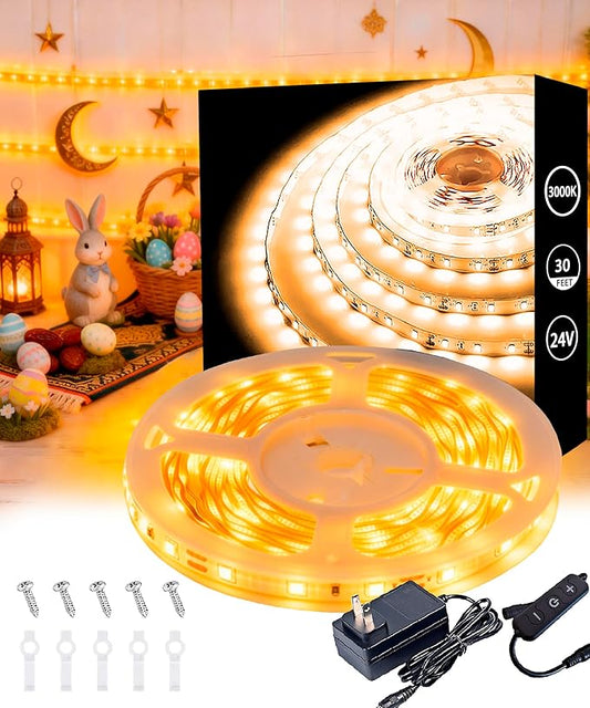 30 FT Warm White Led Lights Strip Rope Lights for Easter Ramadan Eid Mubarak Decorations Housewarming Party Indoor Decor Cuttable Strip Lights for Baby Room Bedroom Living Room Ceiling Wall