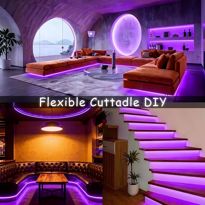 Purple Led Lights Strip for Bedroom Indoor Rope Lights Black Pagage Led Light Strip Kit Easy DIY Cuttable Tape Lights for Room Bathroom Living Room Kitchen Ceiling Wall Vanity Mirror Decor