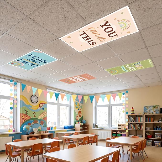 8Pcs Back to School Light Covers Decorations Set: 6Pcs Fluorescent Light Filters with 60 Magnets for Ceiling Colorful Triangle Dot Banner, Welcome First Day Decor for Classroom Office Party Supplies