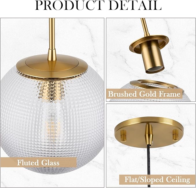 Glass Globe Pendant Light Fixtures, Mid Century Modern Ceiling Hanging Lights with Height Adjustable, Brass Gold Pendant Lighting for Kitchen Island, Hallway, Dining Room, Living Room (2 Pack)