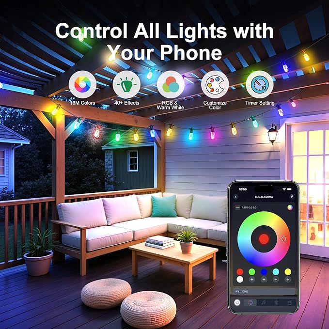 Outdoor String Lights 121ft, Patio Lights with 20 Dimmable LED Bulbs, RGBW & Warm White, IP67 Waterproof, Shatterproof, APP & Remote Control, Color Change, Customizable Colors for Backyard Decor