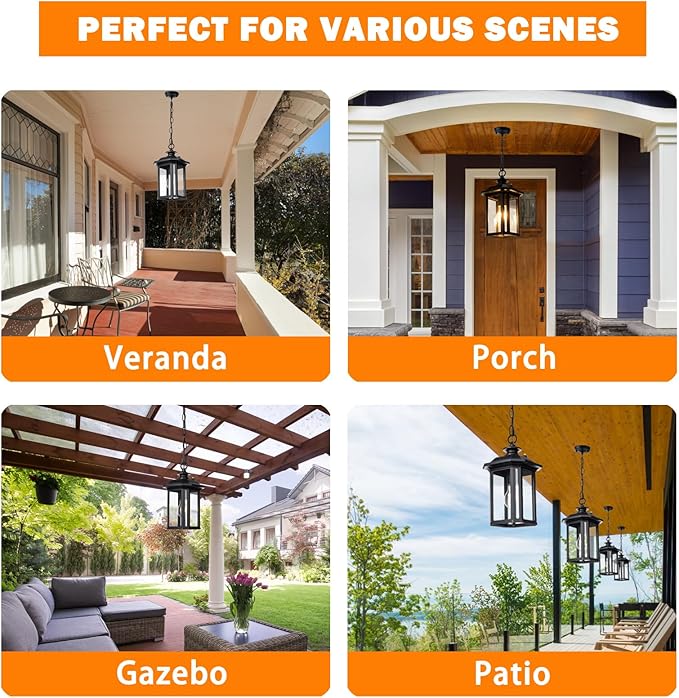 JYZ Dusk to Dawn Outdoor Pendant Lighting, Large Exterior Hanging Lantern Light Fixture, Classic Black Outdoor Chandelier, Outside Ceiling Mount Hanging Lamp for Porch Hallway Foyer Patio Gazebo