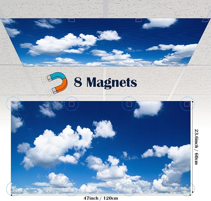 6 Pcs Fluorescent Light Covers for Ceiling Lights with 48 Magnets Decorative Magnetic Light Filters for Classroom Office Kitchen Decoration(Blue Sky)