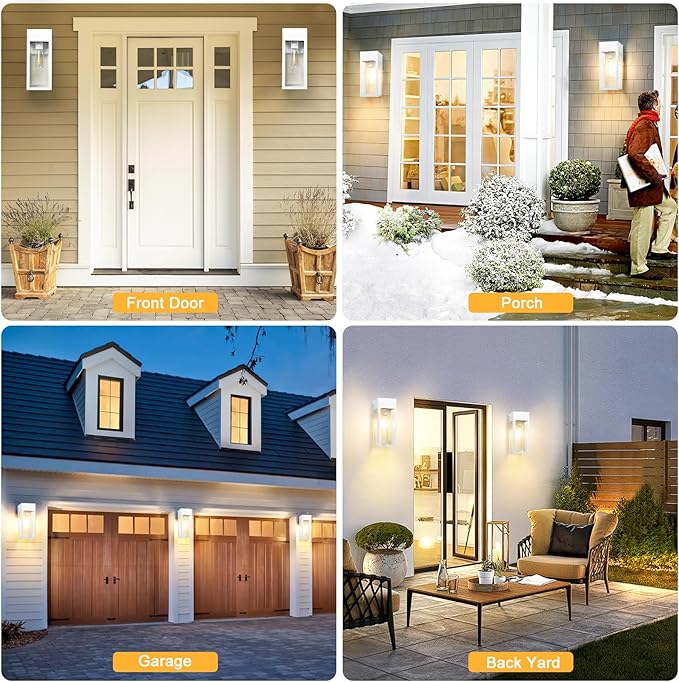 2 Pack Porch Lights Outdoor Wall Sconce, Outdoor Light with GFCI Outlet, Waterproof Exterior Wall Lantern Light Fixtures, Anti-Rust Wall Lamp with Clear Glass for Patio Doorway Garage- White