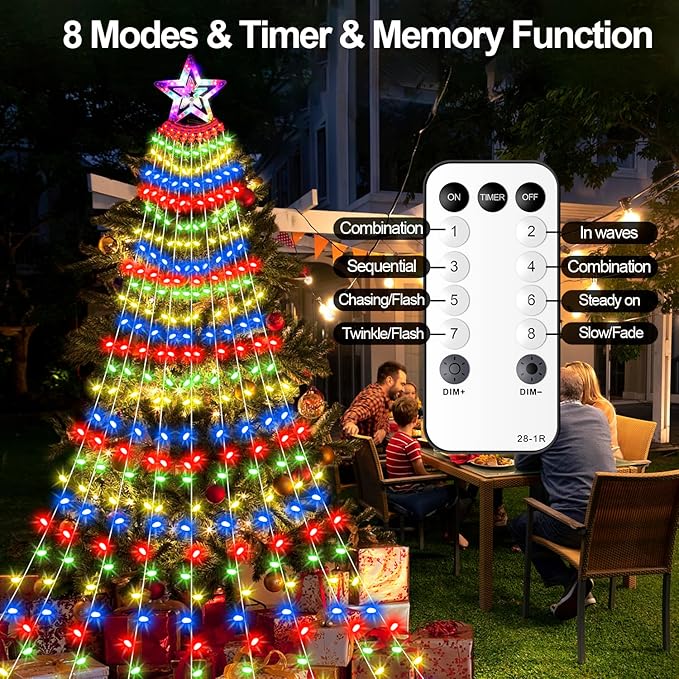 Christmas Decorations Star Lights Outdoor, 11.48ft 350 LED Waterfall Tree Lights with 8 Modes Timer Remote Christmas Lights Plug in for Indoor Yard Patio Home Holiday Party Decor, Multi-Color