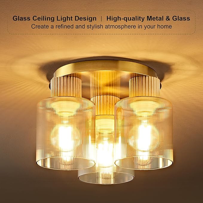 3-Lights Semi Flush Mount Ceiling Light Fixture, Gold Modern Close to Ceiling Light for Kitchen, Foyer, Entryway, Hallway, Dining Room, Amber Gradient Glass Shade with Solid Wood