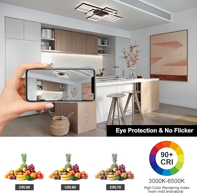 Jaycomey Dimmable Ceiling Light, Black Modern LED Ceiling Lamps with Remote Control, 50W Acrylic Square Flush Mount Ceiling Light Fixture for Living Room Dining Room Bedroom Kitchen