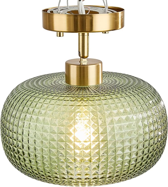 Modern Semi Flush Mount Ceiling Light, Vintage Green Glass Shade with Adjustable Hanging Gold Sloped Ceiling Lights Fixtures for Hallway Entryway Kitchen Bedroom Laundry Room,1-Light,9.84 Inch