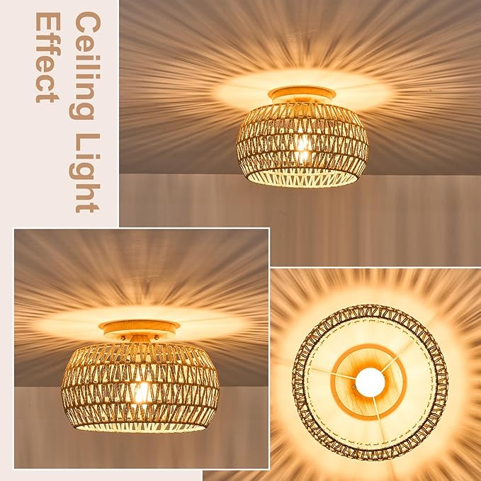 13 Inch Rattan Flush Mount Ceiling Lights Farmhouse Boho Ceiling Light Fixtures Rustic Wicker Hand Woven Rope Cage for Dining Room Kitchen Bedroom Foyer Hallway Entryway