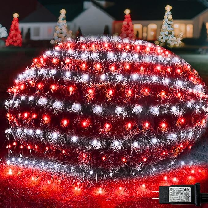 Pooqla Christmas Net Lights, 300LED Outdoor Net Mesh Lights, 14.8x4.9 ft Fairy String Lights 8 Modes Green Wire, Connectable Waterproof Decorative for Bushes Tree Garden Christmas, Red and White