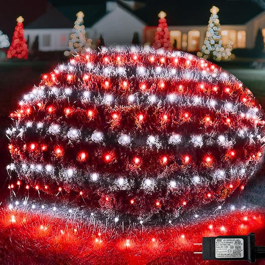 Pooqla Christmas Net Lights, 300LED Outdoor Net Mesh Lights, 14.8x4.9 ft Fairy String Lights 8 Modes Green Wire, Connectable Waterproof Decorative for Bushes Tree Garden Christmas, Red and White