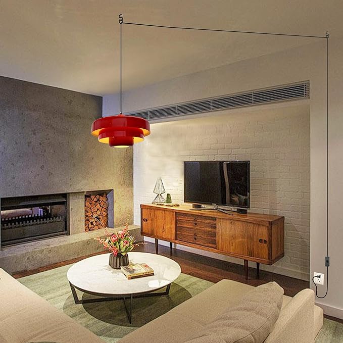 Hanging Lamp Plug in Red Pendant Light Fixtures Mid Century Modern Pendant Lamp Nordic Style Pendant Lighting Metal Shade for Living Room Dining Room Bedroom Kitchen Island