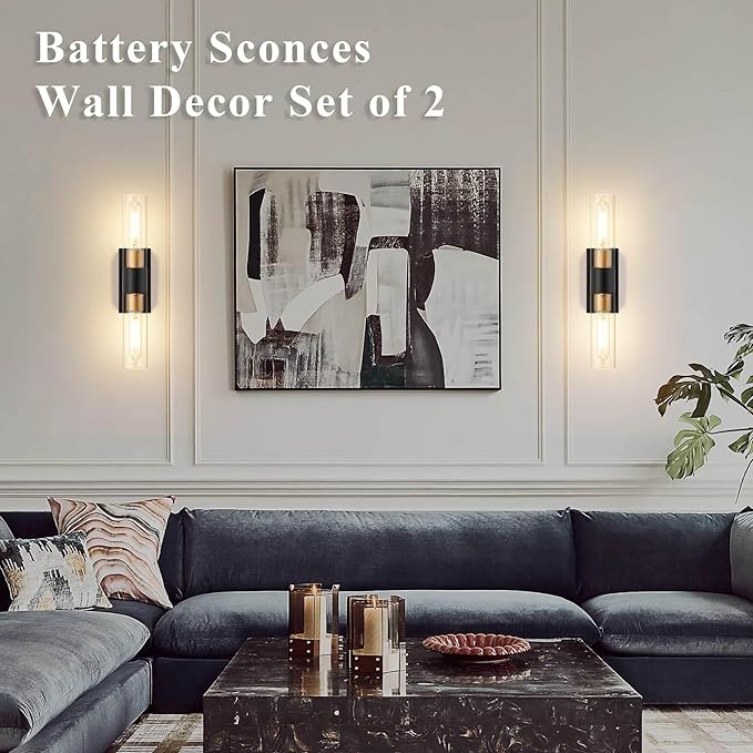 Battery Operated Wall Sconce Set of 2 with Remote Control, 12000mAh Rechargeable Wall Lights, Wireless Dimmable Wall Lamps for Bedroom Living Room Bathroom Hallway Entryway Stairwell, Black & Gold