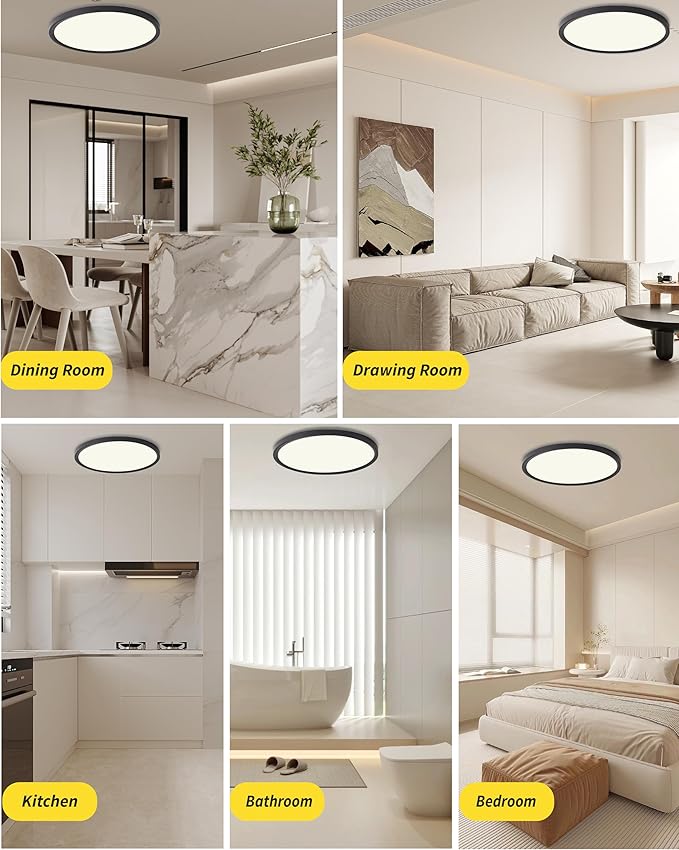 Led Flush Mount Ceiling Light,12 Inch 24w 2520lm Round,3000k,4000k,6000k CCT Selectable,Flat Panel Super Slim Led Ceiling Light Fixture,for Living Dining Kitchen Bedroom Room (12Pack-Black)