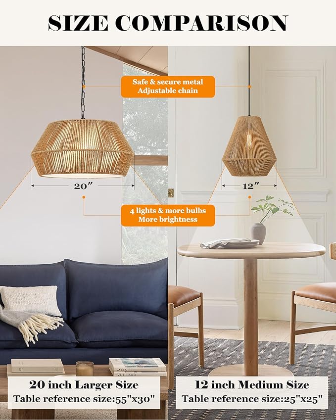 ELYONA 20" Large Rattan Chandelier Light Fixtures, 4-Lights Boho Pendant Light, Adjustable Woven Chandelier for Dining Room with Fabric Shade, Rustic Hanging Light for Kitchen Island,Living Room