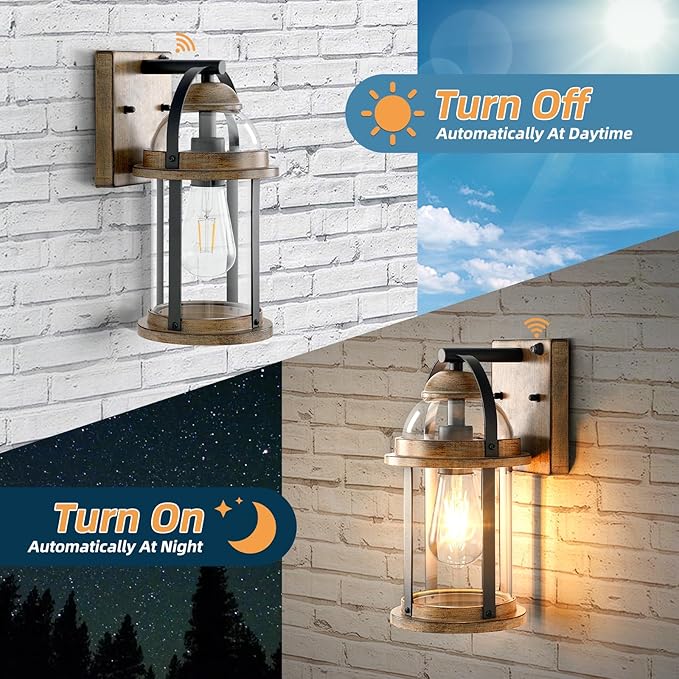 OKELI Dusk to Dawn Outdoor Wall Lights, Waterproof Lighting Fixtures Rustic Farmhouse Wall Lanterns with Clear Glass Shades Anti-Rust Outside Lights for Garage Patio Porch(Brown, 1 Pack)