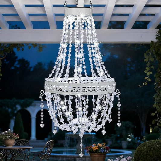 Hanging Solar Lantern Outdoor Chandelier, Waterproof Modern Crystal Acrylic Pendant Light with Cool White LED S Hook Gifts for Women Garden Decor Light for Gazebo, Patio, Yard, Party, Wedding