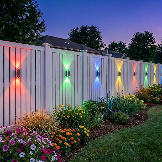 Herzila 4 Pack Solar Fence Lights, RGBW 7-Color Changing Waterproof Top and Bottom Lighting Wall for Landscape/Fence/Patio/Wall/Garden Christmas Solar Lights (2 Installation Modes)