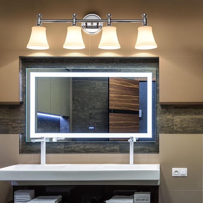 Bathroom Vanity Light Fixtures, Traditional Chrome 4 Lights Wall Sconce Lighting with Opal Glass Shade, Porch Wall Mount Light Fixture for Bathroom, Mirror Cabinets Hallway Stairs