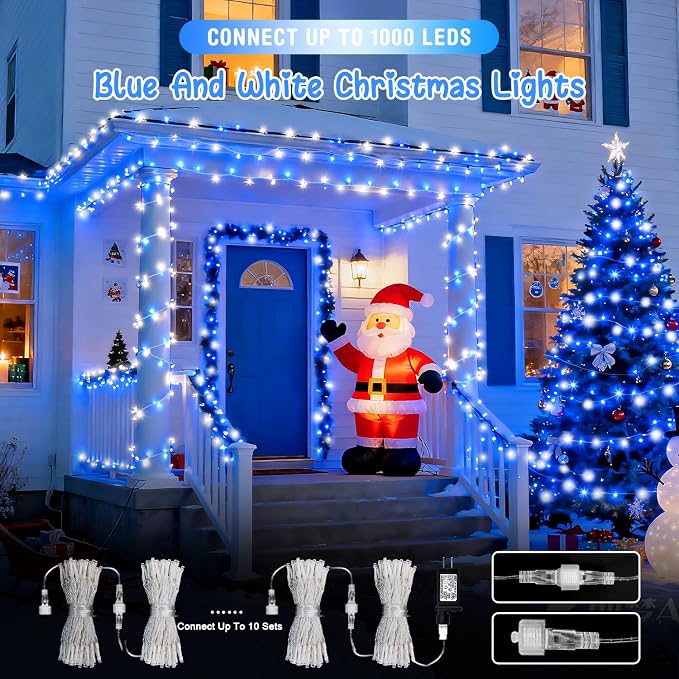 JMEXSUSS 2 Pack 100 LED Blue and White Christmas Lights, 33ft 8 Modes Christmas String Lights Indoor Outdoor, Clear Wire Plug in Twinkle Light for Xmas Bedroom Party Decorations