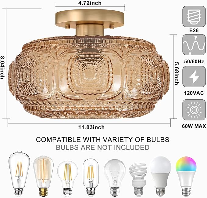 Semi Flush Mount Ceiling Light, Upgraded Larger Amber Glass Ceiling Light Fixture, Vintage Lighting for Hallway Kitchen Bedroom Dining Room, Bulb Not Included
