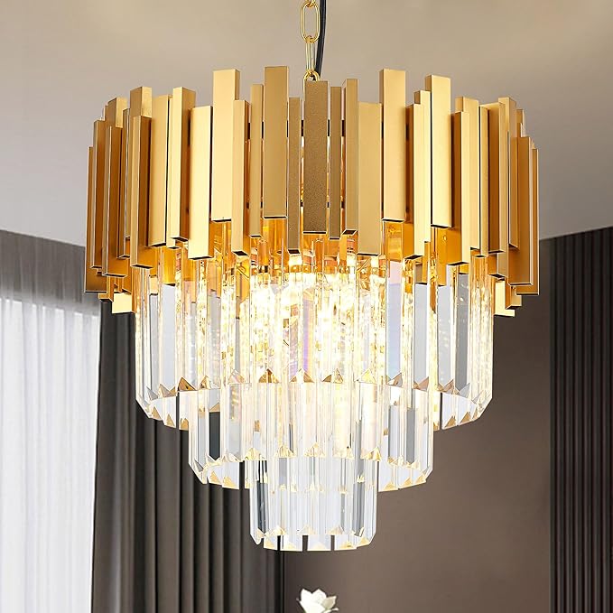 15.75" Gold Crystal Pendant Light Fixtures,5-Light Luxury Crystal Pendant Light Perfect for Dining Room, Bedroom, Kitchen, Living Room 3-Tier