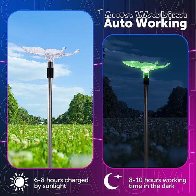 GIGALUMI Solar Garden Lights, 6 Pack Solar Butterfly Lights Decoration, Outdoor Garden Decoration Color Changing LED, Outdoor Decorative for Pathway, Lawn, Patio, Driveway