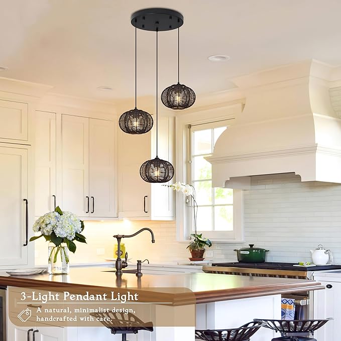 12" Boho Black 3-Light Boho Chandeliers for Kitchen Island Hand-Woven Boho Rattan Chandeliers Dimmable Adjustable Hanging Wicker Chandelier for Dining Room Living Room（Bulb Incl.）