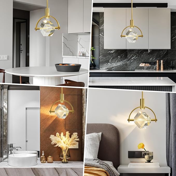 Modern Crystal Led Pendant Light: Semicircle K9 Crystals Hanging Lighting Over Kitchen Island - Brushed Gold Dimmable Pendants Light - Contemporary Pendant Lights Fixture for Sink Bedroom Bathroom