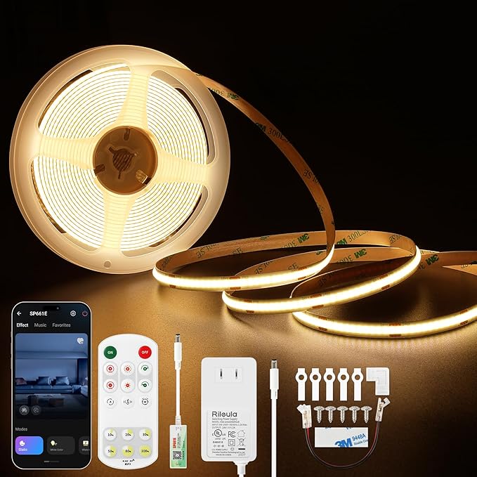 COB LED Strip Lights 2700K Warm White Music Sync LED Lights with DC24V Adapter Remote Smart App Control 16.4ft/5m CRI90+ Ultra Bright LED Rope Lights for Home Bedroom Cabinet DIY Lighting