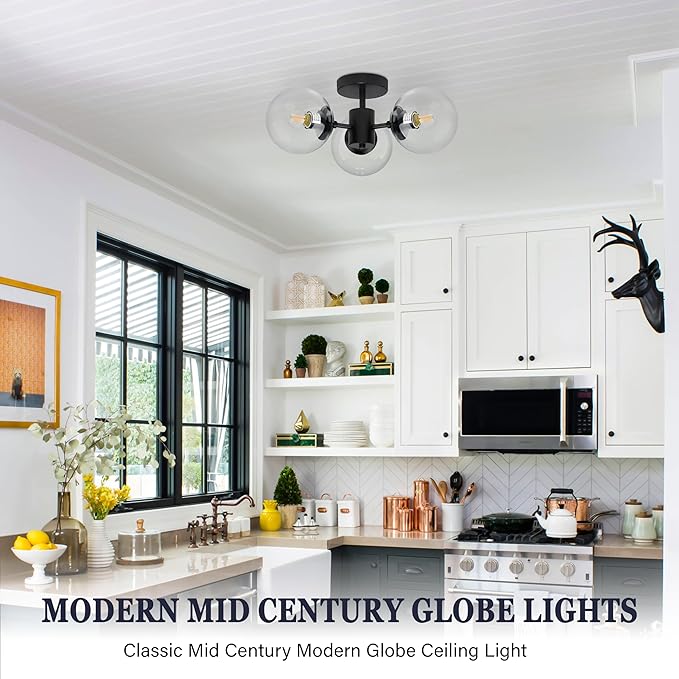 Mid Century 3-Light Clear Globe Glass Black Chandelier 19 Inch Modern Black Semi Flush Mount Ceiling Lights Modern Light Fixtures Ceiling Lights Fixture for Bedroom Hallway Entryway