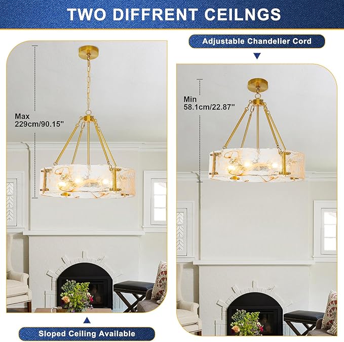 WILON Chandeliers for Dining Room, Modern Glass Pendant Light Fixtures,6-Light Foyer Kitchen Lighting Fixtures Textured Hanging Lights for Bedroom, Bathroom, Laundry Room, Entryway, Hallway (Gold)