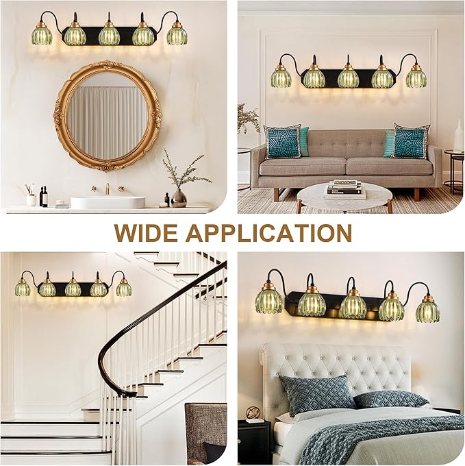 Vintage Bathroom Vanity Light, 5 Light Bathroom Lighting Fixtures Over Mirror, Mid Century Style Farmhouse Light Fixtures with Green Glass Shades, Black Finish Wall Mount for Bedroom , Living Room