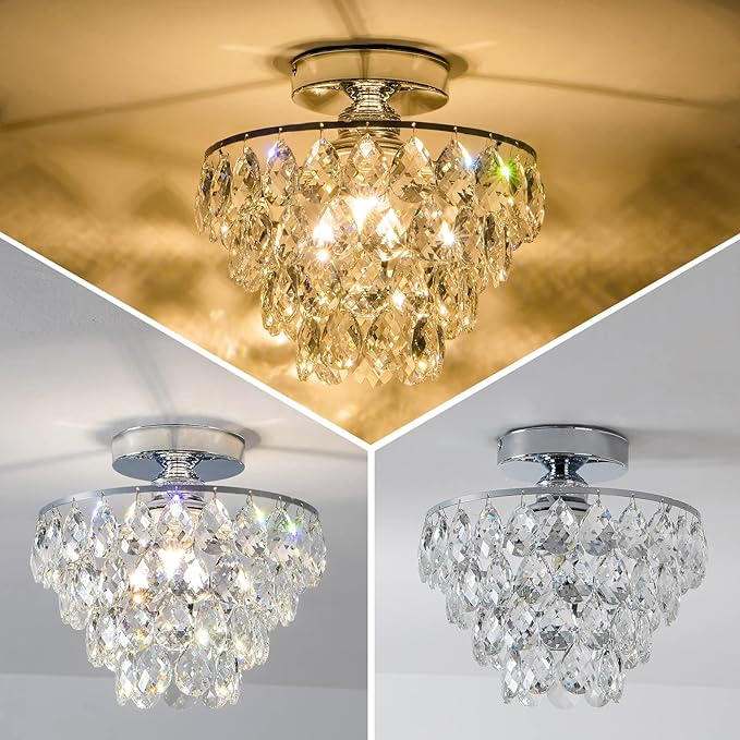 CM MZY Mini Crystal Chandelier Ceiling Light Small, Modern Chrome Crystal Flush Mount Ceiling Light, E26 Base Farmhouse Ceiling Lighting Fixture for Bedroom Bathroom Closet Hallway Kitchen