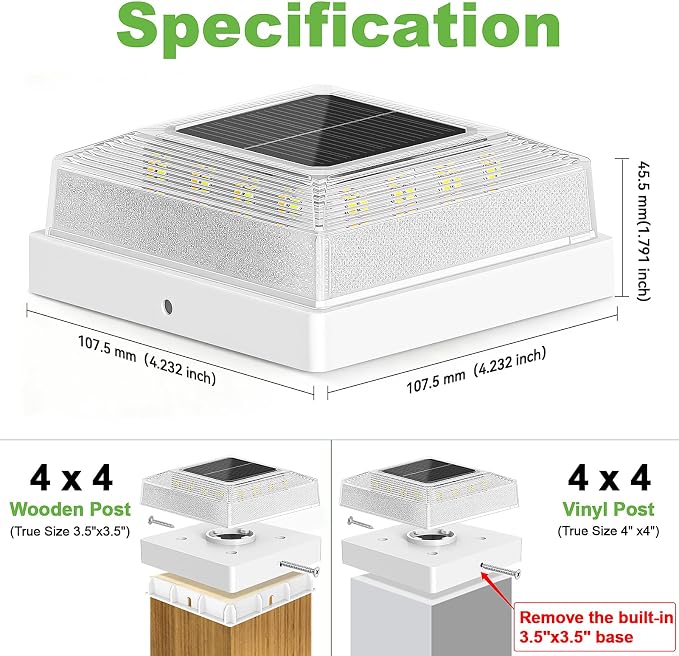 Brightever 3.5x3.5 4x4 Solar Post Cap Light Outdoor, 6-Pack Fence Post Solar Lights for Wooden/Vinyl Posts, 3 Lighting Modes, Solar Powered Waterproof Deck Post Lights for Garden Patio, White