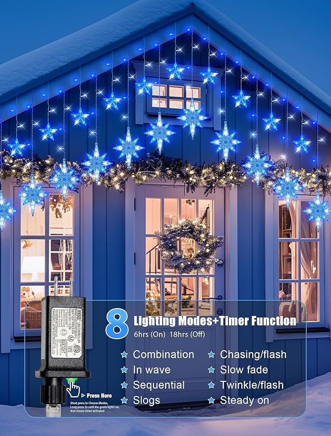 Star Icicle Lights Outdoor,126 Led 12 Star Hanging String Light with 8 Modes,Waterproof Connectable Fairy Star Window Lights for Bedroom,Wall,Wedding,Party,Brithday,Christmas Decor,Blue White