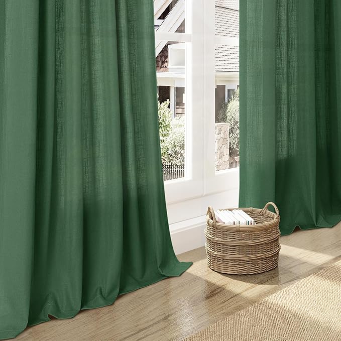 Nanspring Green Linen Curtains 63 Inches Length 2 Panels Set for Living Room Back Tab Pocket Modern Light Filtering Semi Sheer Drapes Cotton Linen Textured Green Window Curtain 52X63 Inches