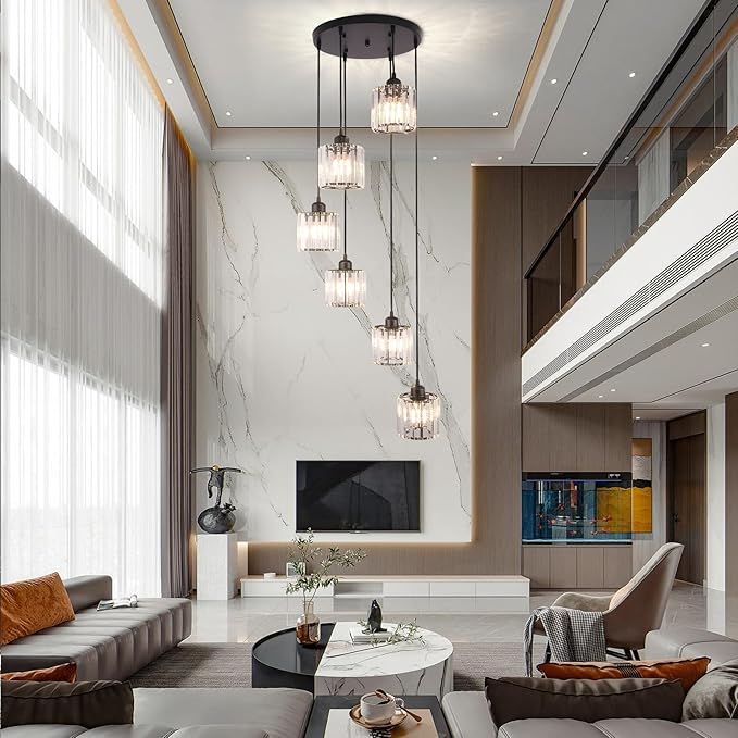 Long Chandelier for High Ceilings Modern Crystal Long Pendant Light Raindrop Drop Lamp Hanging Flush Mount Chandelier Ceiling Light for Staircase Foyer Living Room Entryway 6 Lights