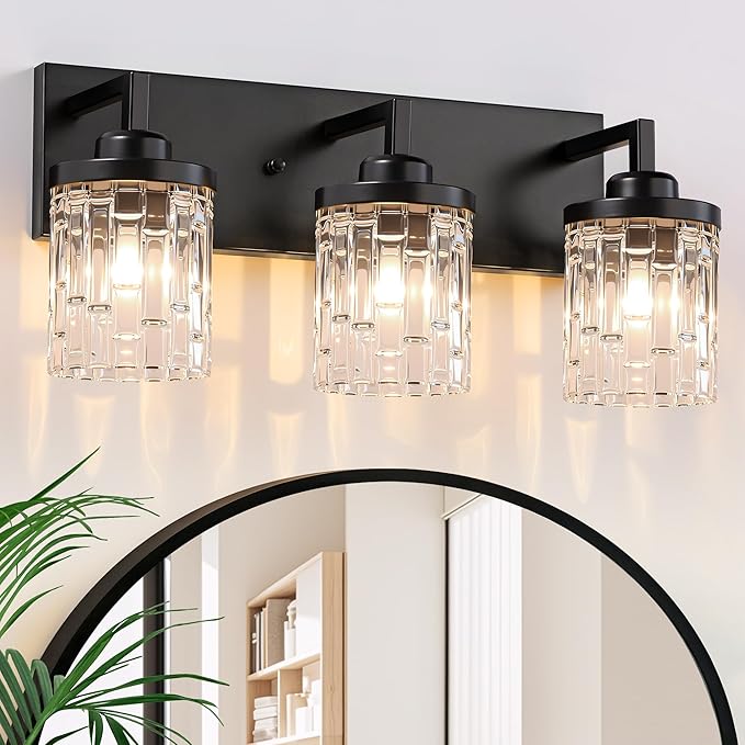 maesta Black Vanity Light, 3 Light Crystal Modern Farmhouse Bathroom Light Fixtures, with Crystal Glass Shade, Rustic Black Bathroom Wall Light Over Mirror for Living Room, Bedroom, Hallway