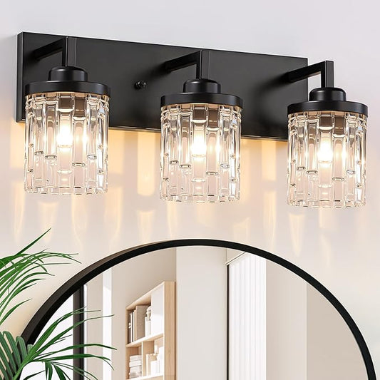maesta Black Vanity Light, 3 Light Crystal Modern Farmhouse Bathroom Light Fixtures, with Crystal Glass Shade, Rustic Black Bathroom Wall Light Over Mirror for Living Room, Bedroom, Hallway