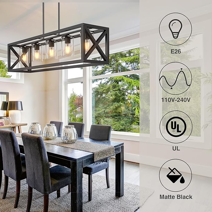 Espird Farmhouse Dining Room Light Fixture - 5 Light Matte Black Rectangle Light Fixture with Adjustable Height & Thickened Metal Dining Table Fixture Chandeliers for Dining Room&Kitchen Island