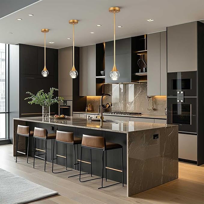 3-Pendant Lights Kitchen Island, Brass Gold Globe Crystal Ceiling Hanging Light Fxitures, LED Light Fixtures Metal Rod Ceiling Glass Pendant Lighting for Kitchen Island Dining Room Bar