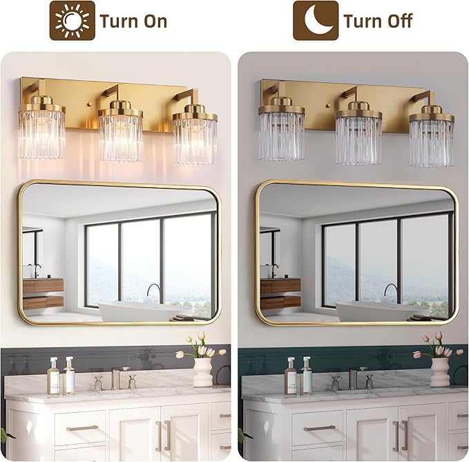 Modern Crystal Bathroom Light Fixtures, 3 Light Gold Vanity Lights, with Crystal Glass Shade, Industrial Bathroom Lighting Fixtures Over Mirror Wall Light for Bedroom Living Room
