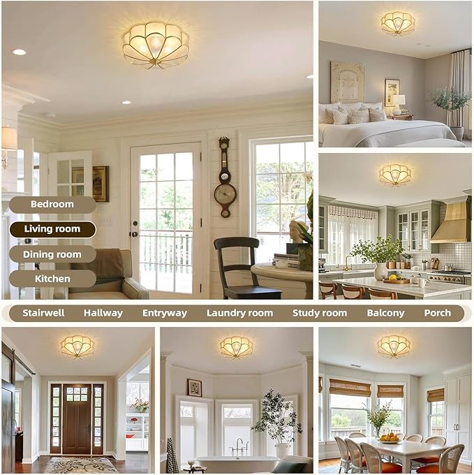 Brass Vintage Gold Ceiling Light - Large 17.7 Inch Hammered Glass Mid Century Flush Mount Lighting Fixtures - Art Deco Antique Modern Lamps for Hallway Bedroom Kitchen Entryway Laundry Foyer Bathroom