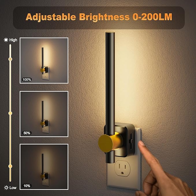 JandCase LED Night Light Plug into Wall, Dusk to Dawn Sensor, 0-200LM Dimmable LED Night Light, Bright Black and Gold Vanity Nightlight for Bathroom Bedroom Dressing Room, 3000K Soft White, 1 Pack