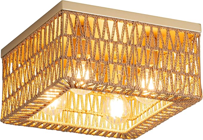 Rattan Ceiling Light, 4-Light Boho Light Fixture, Square Flush Mount Ceiling Light for Bedroom, Hallway, Entryway, Kitchen, Living Room