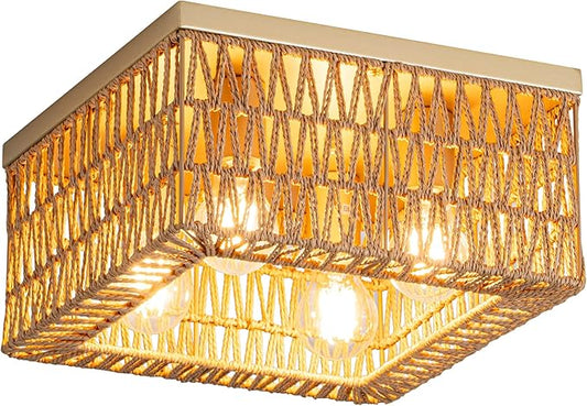 Rattan Ceiling Light, 4-Light Boho Light Fixture, Square Flush Mount Ceiling Light for Bedroom, Hallway, Entryway, Kitchen, Living Room