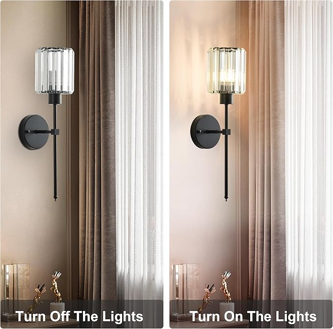 KARTOOSH Hardwired Crystal Wall Sconces Set of Two - Dimmable Wall Light Fixtures 3000K, Warm White, for Hallway, Bathroom, Living Room, Bedroom, Black, 20.1 Inch